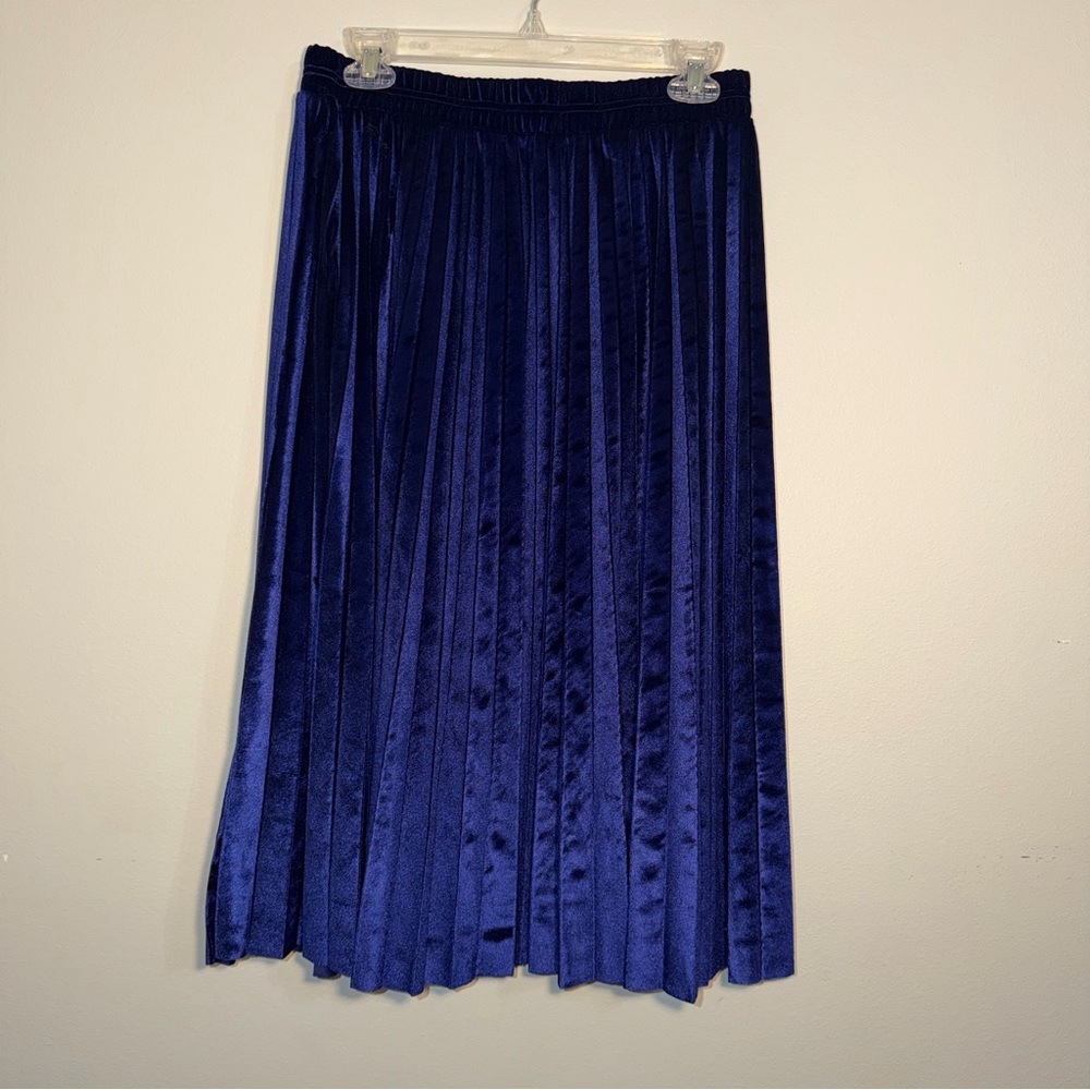 Blue Royal Crushed Velvet Pleated Midi Skirt Winter Luxe Indie Romantic Medium - Picture 2 of 8